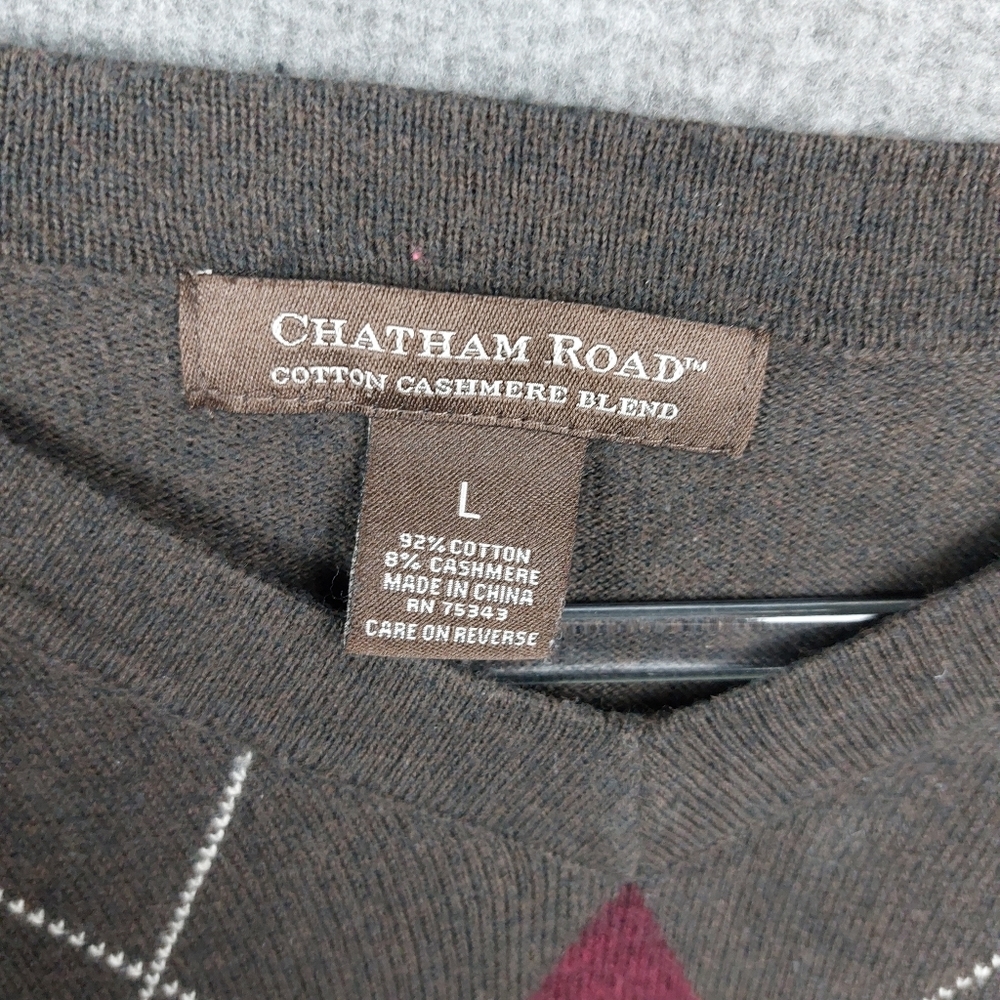 CHATHAM ROAD MENS BROWN ARGYLE PREPPY VNECK COTTON CASHMERE SWEATER SIZE LARGE - Picture 5 of 7